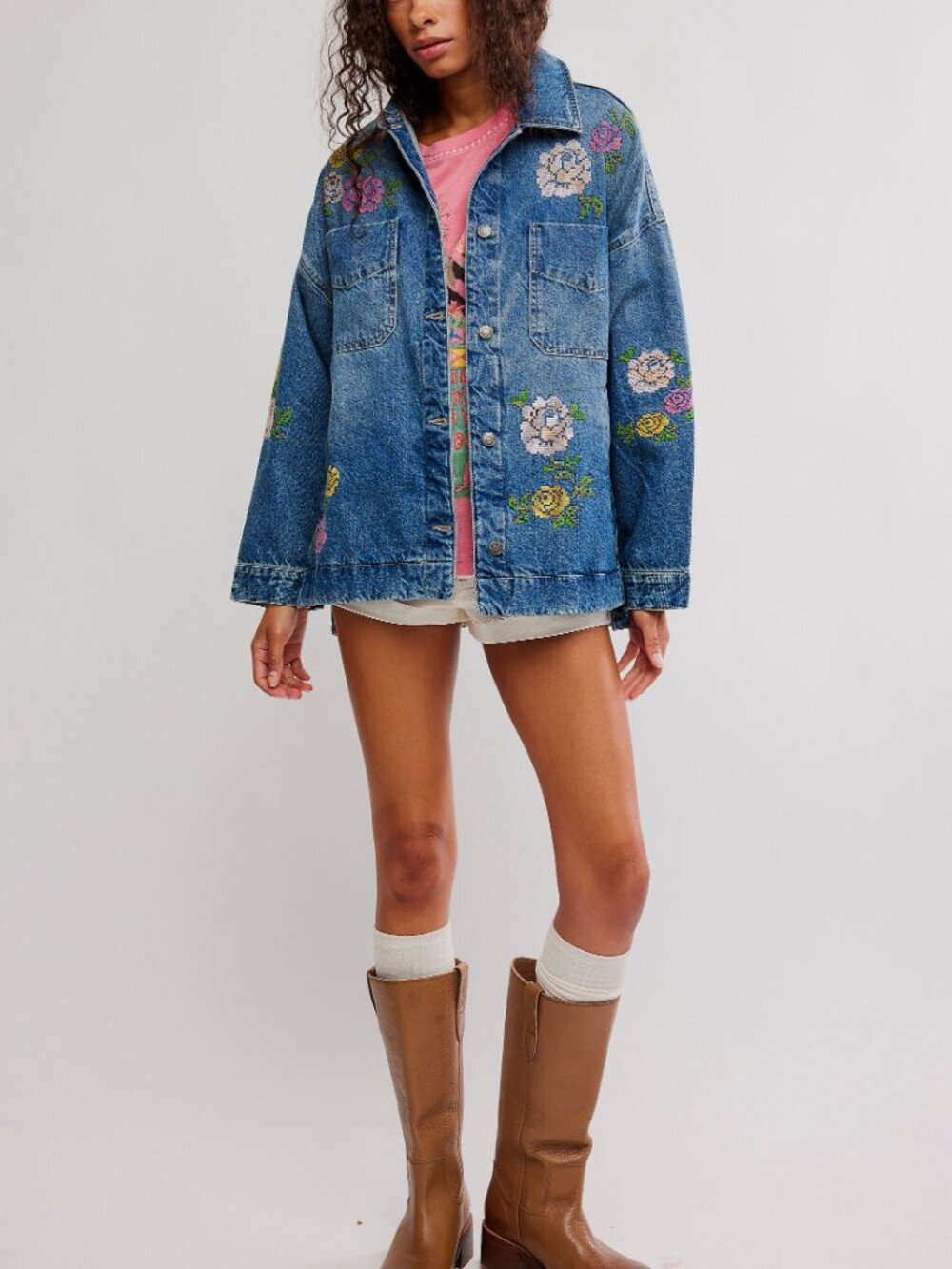 Free People Blue Denim Jean Jacket with Embroidered Floral Motif - Picture 5 of 9